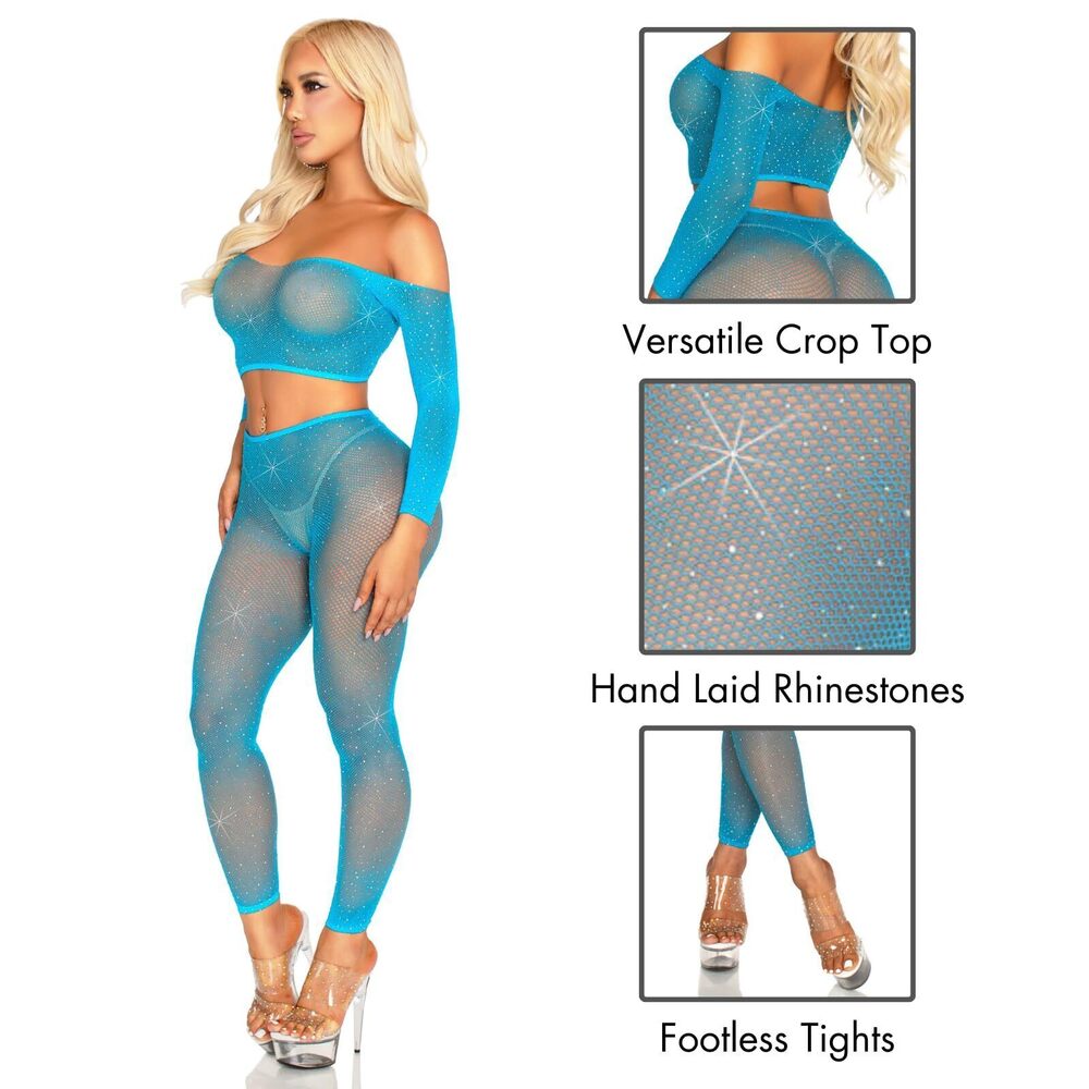 5791 2 PC Rhinestone Lingerie Fishnet Crop Top and Footless Fishnet Tights